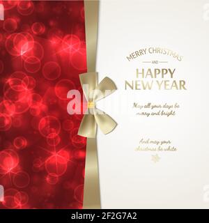Poster di auguri per le vacanze invernali con testo dorato festivo e nastro arco su sfondo rosso luminoso immagine vettoriale sfocata Illustrazione Vettoriale