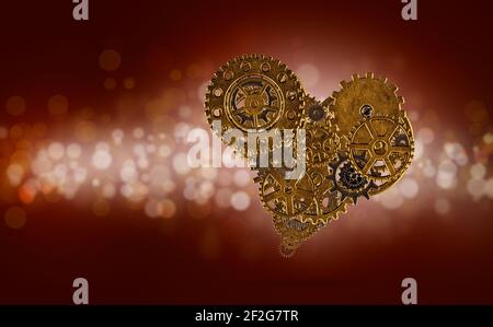 Cuore dorato realizzato con ingranaggi metallici su sfondo rosso brillante Foto Stock