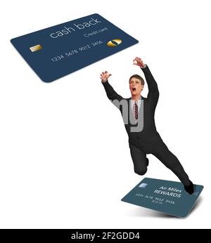 Un uomo è visto fare il salto per passare da una carta di credito Air Miles ricompensa a una carta Cash BACK Rewards. Questa illustrazione 3D si riferisce ai pandemi Foto Stock