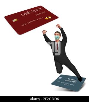 Un uomo è visto fare il salto per passare da una carta di credito Air Miles ricompensa a una carta Cash BACK Rewards. Questa illustrazione 3D si riferisce ai pandemi Foto Stock