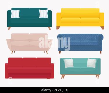Set divano. Collezione di elegante e moderno divano. Illustrazione vettoriale in stile piatto, isolata su sfondo bianco Illustrazione Vettoriale