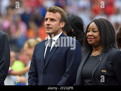 Emmanuel Macron, presidente della Francia, dopo la Coppa del mondo FIFA femminile Francia 2019, finale di calcio tra Stati Uniti e Paesi Bassi il 7 luglio 2019 allo Stade de Lyon a Lione, Francia - Foto Antoine Massinon / A2M Sport Consulting / DPPI Foto Stock