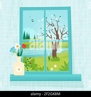 Finestra a molla con vista, vaso con fiori sul davanzale. Simpatico e accogliente illustrazione vettoriale in stile piatto Illustrazione Vettoriale