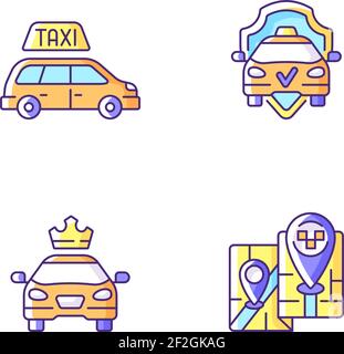 Moderno servizio taxi, set di icone a colori RGB Illustrazione Vettoriale