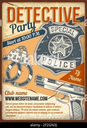 Pubblicità poster con illustrazione di polsini detective, pistola, badge su sfondo vintage. Illustrazione Vettoriale