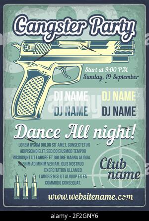 Pubblicità poster design con illustrazione di una pistola e proiettili su sfondo vintage. Illustrazione Vettoriale