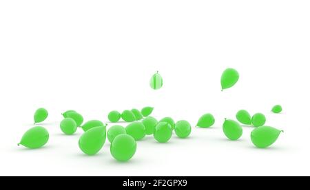Palloncini verdi sono sparsi sul pavimento. Rendering 3D. Sfondo bianco isolato Foto Stock