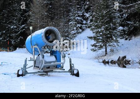 Passeggiata nel Riedboden vicino Mittenwald, Europa, Germania, Baviera, alta Baviera, Werdenfelser terreno, inverno, foresta, cannone da neve Foto Stock