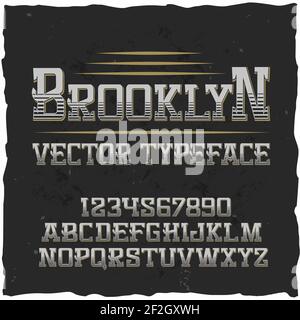 Alfabeto Brooklyn con cornice quadrata e carattere vintage con linee illustrazione vettoriale di cifre e lettere Illustrazione Vettoriale