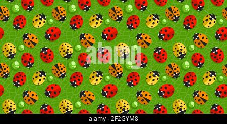 Colorful Primavera o Estate senza giunture sfondo con Ladybugs e. Gocce d'acqua su Green Leaf Vector Illustration Art Illustrazione Vettoriale