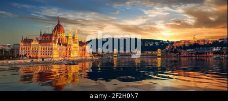 Bellissima vista di famosi luoghi di interesse di Budapest al tramonto Foto Stock