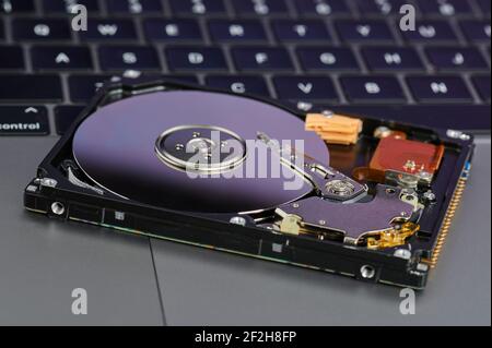 Disco rigido sulla tastiera del laptop sfondo macro vista ravvicinata Foto Stock