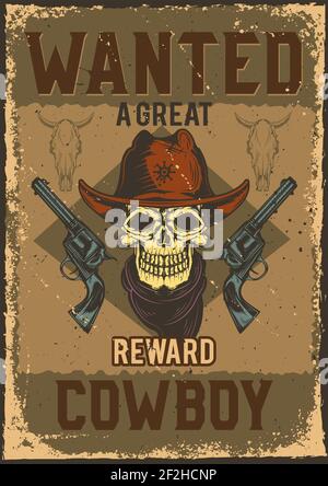 Poster con illustrazione del cranio da cowboy con pistole su sfondo polveroso. Illustrazione Vettoriale
