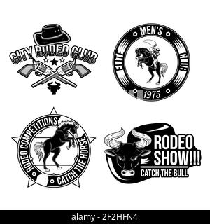 Set di emblemi rodeo, etichette, badge, logo. Isolato su bianco Illustrazione Vettoriale