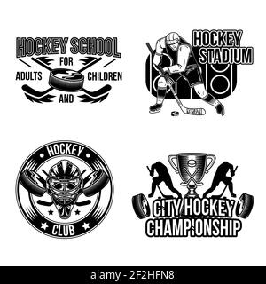 Set di emblemi, etichette, badge, loghi per hockey. Isolato su bianco. Illustrazione Vettoriale