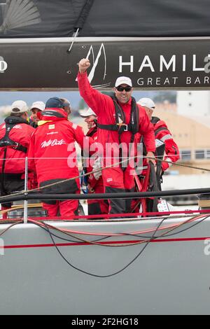 WILD OATS XI, di proprietà di Bob Oatley e scuppato da Mark Richards, Line Honor vincitore del Rolex Sydney 2013 a Hobart, arrivo al Cruising Yacht Club of Australia, Hobart in Tasmania, 28 dicembre 2013. Foto Andrea Francolini / DPPI Foto Stock