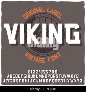 Carattere di etichetta vintage denominato "Viking" con illustrazione di uno scudo. Buon carattere artigianale per qualsiasi design di etichette. Illustrazione Vettoriale