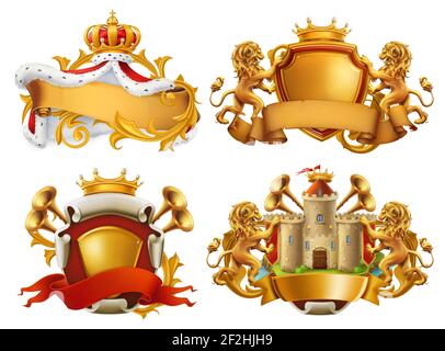 Stemmi. Re e regno. set di emblemi vettoriali 3d Foto Stock