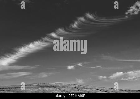 Nuvole di cirrus simili a ciglia sopra le colline di Weardale, North Pennines, County Durham, Regno Unito; un piccione di legno sorvola (B&W) Foto Stock