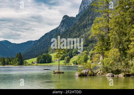 Hintersee, nella parte posteriore Reiteralpe, Ramsau, Berchtesgaden, Alpi Berchtesgaden, Parco Nazionale Berchtesgaden, Berchtesgadener Land, alta Baviera, Baviera, Germania, Europa Foto Stock