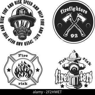 Set di emblemi per vigili del fuoco, etichette, badge, loghi. Isolato su bianco. Illustrazione Vettoriale