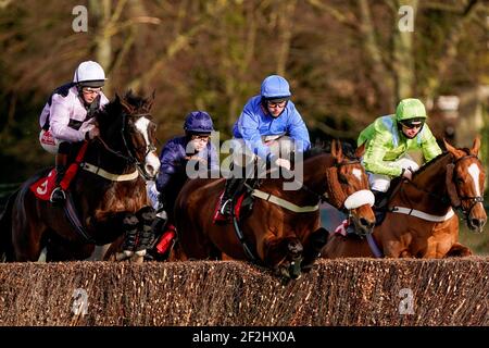 Una visione generale di corridori e piloti in azione mentre gareggiano nel Paddy Power handicap Chase all'ippodromo di Sandown Park, Esher. Data immagine: Venerdì 12 marzo 2021. Foto Stock