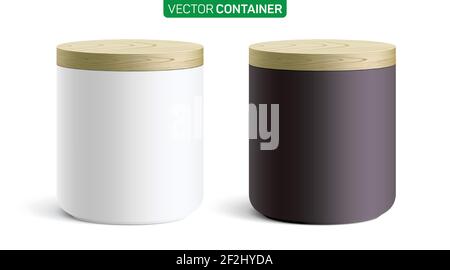 Contenitori rotondi in ceramica di stile moderno, coperti da un coperchio in legno. Illustrazione vettoriale di taniche bianche e nere per tè, caffè, zucchero, farina, frumento, o cereale, in piedi su uno sfondo bianco. Illustrazione Vettoriale