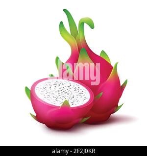 Vettore intero e affettato vivace frutta di drago rosa isolato su sfondo bianco Illustrazione Vettoriale