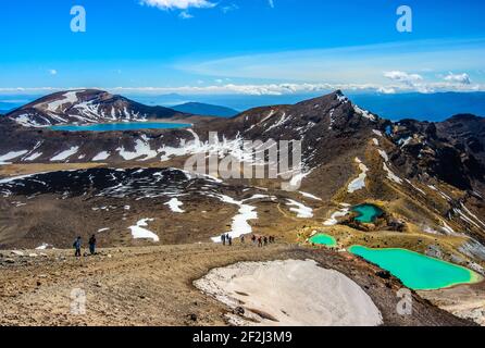 Vista ad alto angolo sui viaggiatori che camminano nel paesaggio vulcanico di montagna con laghi smeraldo. Traversata alpina di Tongariro, Nuova Zelanda. Foto Stock