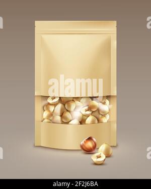 Vector Blank Sealed Foil, sacchetto di plastica pieno di nocciole pelate vista laterale su sfondo chiaro Illustrazione Vettoriale