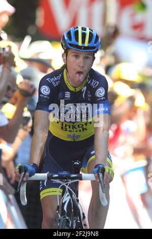 CICLISMO - TOUR DE FRANCE 2012 - TAPPA 16 - Saint-Martin-de-Ré > Saint-Martin-de-Ré (197 km) - 18/07/2012 - FOTO MANUEL BLONDAU / DPPI - TEAM SAXO BANK TEAMRIDER CHRIS ANKER SORENSEN DELLA DANIMARCA REAGISCE IL TRAGUARDO Foto Stock