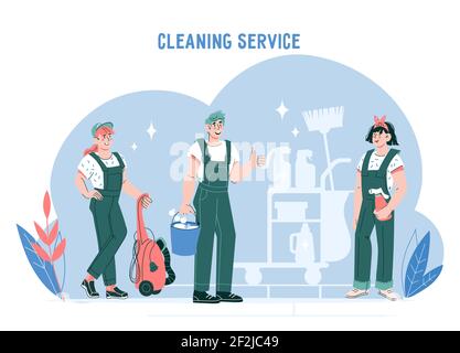 Pulizia banner di servizio o modello poster con detergenti, cartoon vettore piano isolato. Illustrazione Vettoriale