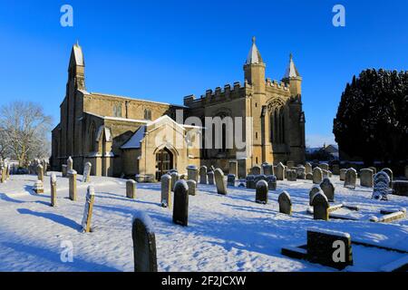 Snow over St Andrews Church, Northborough Village, Cambridgeshire; Inghilterra; UK Foto Stock