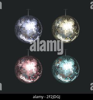 Insieme vettoriale di palline da discoteca blu, giallo, rosa e viola isolate su sfondo scuro Illustrazione Vettoriale