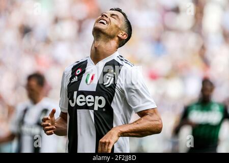 Cristiano Ronaldo della Juventus reagisce durante il campionato italiano, Serie UNA partita di calcio tra Juventus e Sassuolo il 16 settembre 2018 allo stadio Allianz di Torino - Foto Morgese - Rossini / DPPI Foto Stock