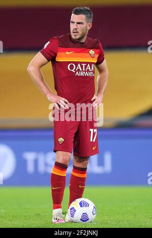 Jordan Veretout di Roma reagisce durante il campionato italiano Serie UNA partita di calcio tra ROMA E Benevento Calcio il 18 ottobre 2020 allo Stadio Olimpico di Roma - Foto Federico Proietti/DPPI Foto Stock