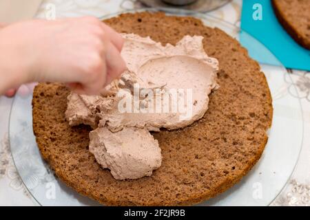 Processo di lavorazione della torta a casa. Primo piano di crema femminile di condimento a mano su biscotto al cioccolato. Concetto di dessert delizioso e culinario. Foto Stock