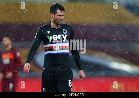 Antonio Candreva di Sampdoria reagisce durante il campionato italiano Serie A Football Match tra ROMA e UC Sampdoria il 3 gennaio 2021 allo Stadio Olimpico di Roma - Foto Federico Proietti/DPPI Foto Stock