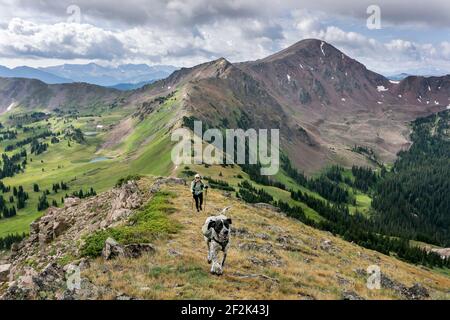 Escursione femminile con cane in montagna contro cielo nuvoloso Foto Stock