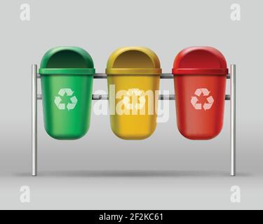 Set vettoriale di contenitori per riciclaggio rossi, gialli e verdi per rifiuti di vetro, plastica e carta Illustrazione Vettoriale