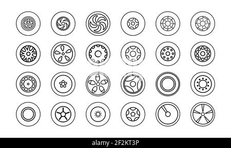 Set di icone di contorno delle ruote dell'auto. Isolato su sfondo bianco. Illustrazione vettoriale Illustrazione Vettoriale