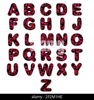 L'alfabeto inglese in nero con un motivo floreale rosso per la decorazione e l'insegnamento dei bambini Foto Stock
