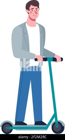 Il ragazzo sta guidando uno scooter elettrico. Trasporto alternativo ecocompatibile, stile di vita ecologico. Illustrazione vettoriale di un uomo. Stile piatto su sfondo trasparente. Illustrazione Vettoriale