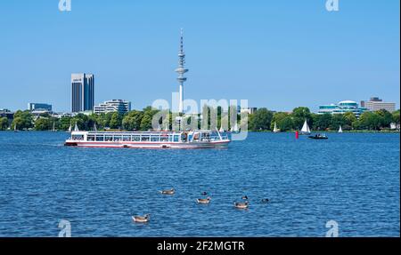 Germania, Amburgo, nave Alster 'chleusenwärter SC' sull'Alster esterno, barche a vela, Telemichel Foto Stock