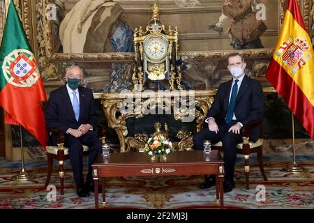 Madrid, Madrid, Spagna. 12 marzo 2021. Re Felipe VI di Spagna, Marcelo Rebelo de Sousa, Presidente del Portogallo partecipa ad un incontro al Palazzo reale il 12 marzo 2021 a Madrid, Spagna Credit: Jack Abuin/ZUMA Wire/Alamy Live News Foto Stock