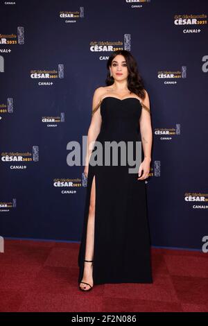 Parigi, Francia. 12 marzo 2021. Camelia Jordana arriva al 46° Cesar Film Awards a l'Olympia il 12 marzo 2021 a Parigi, Francia. Foto di Thomas Samson/Pool/ABACAPRESS.COM Credit: Abaca Press/Alamy Live News Foto Stock