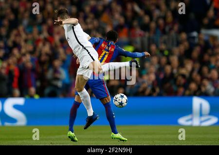 Il difensore belga di Parigi Saint-Germain Thomas Meunier viena con lo scontrino brasiliano Neymar di Barcellona durante la partita di calcio della UEFA Champions League tra il FC Barcelona e Parigi Saint-Germain l'8 marzo 2017 allo stadio Camp Nou di Barcellona, Spagna - Foto Benjamin Cremel / DPPI Foto Stock