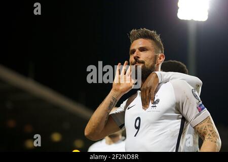 Il futuro della Francia Olivier Giroud festeggia dopo aver segnato durante la partita di calcio di qualificazione della Coppa del mondo FIFA 2018, Gruppo A, tra Lussemburgo e Francia il 25 marzo 2017 allo stadio Josy Barthel di Lussemburgo - Foto Benjamin Cremel / DPPI Foto Stock