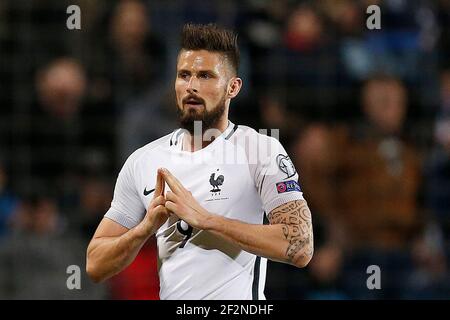 Il futuro della Francia Olivier Giroud festeggia dopo aver segnato durante la partita di calcio di qualificazione della Coppa del mondo FIFA 2018, Gruppo A, tra Lussemburgo e Francia il 25 marzo 2017 allo stadio Josy Barthel di Lussemburgo - Foto Benjamin Cremel / DPPI Foto Stock