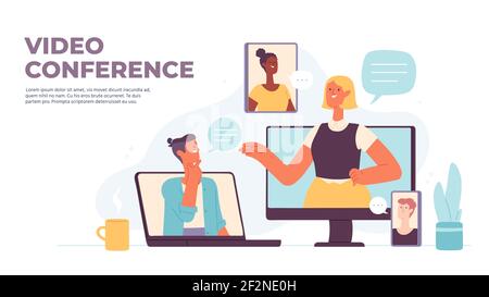 Videoconferenza. Chiamate virtuali con le persone che si chattano sullo schermo del computer, dello smartphone, del tablet e del laptop. Gadget per il concetto di vettore di riunione online Illustrazione Vettoriale